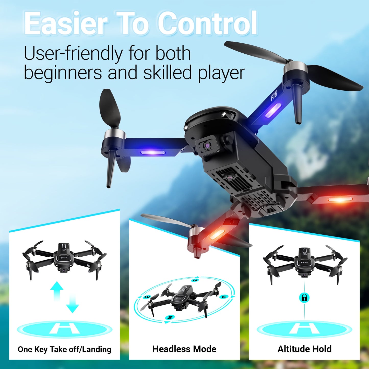 F16 Stunt Drones for Adults and Kids with 1080P Camera & Brushless Motor, 17-Minute Flight Time, Graphite