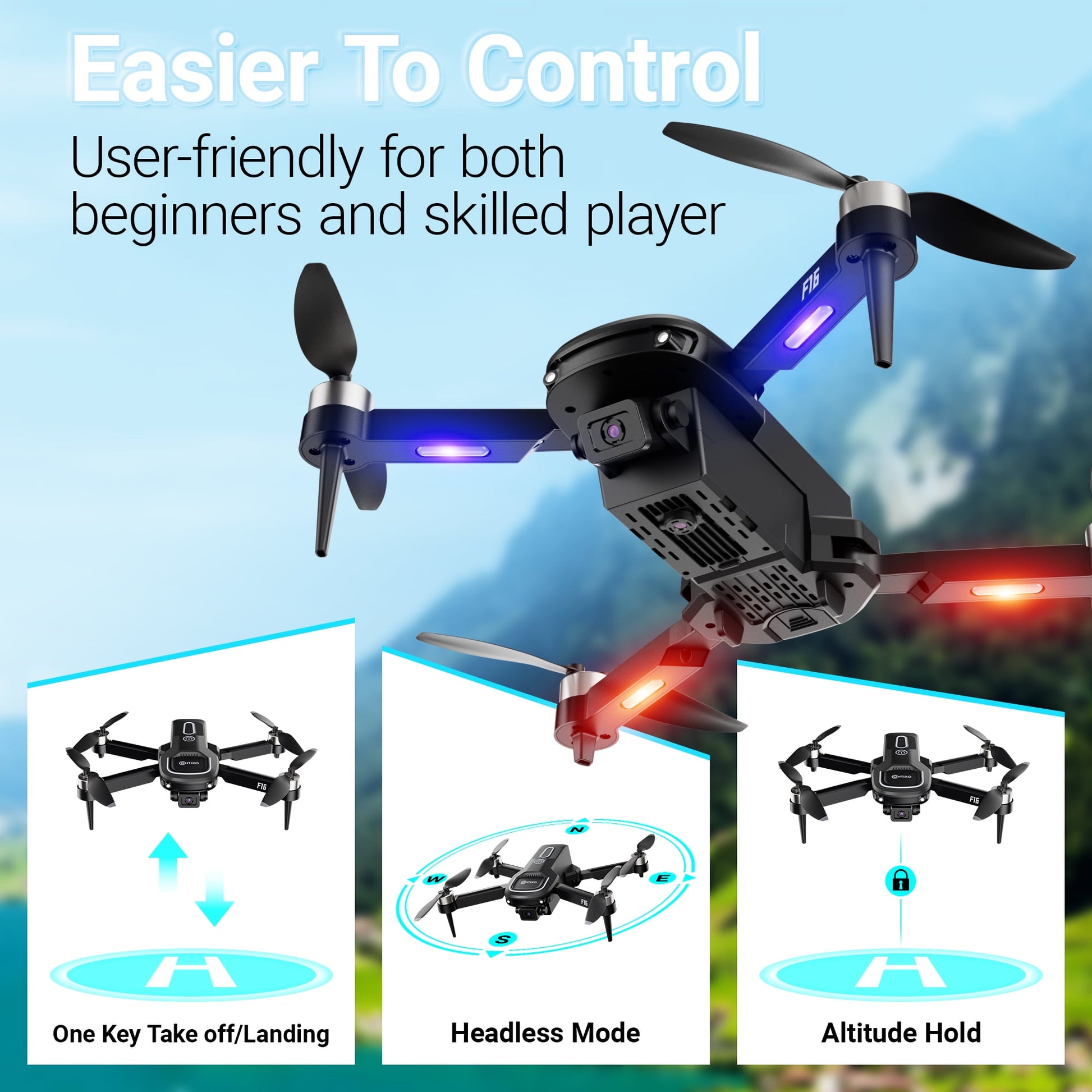 F16 Stunt Drones for Adults and Kids with 1080P Camera & Brushless Motor, 17-Minute Flight Time, Graphite