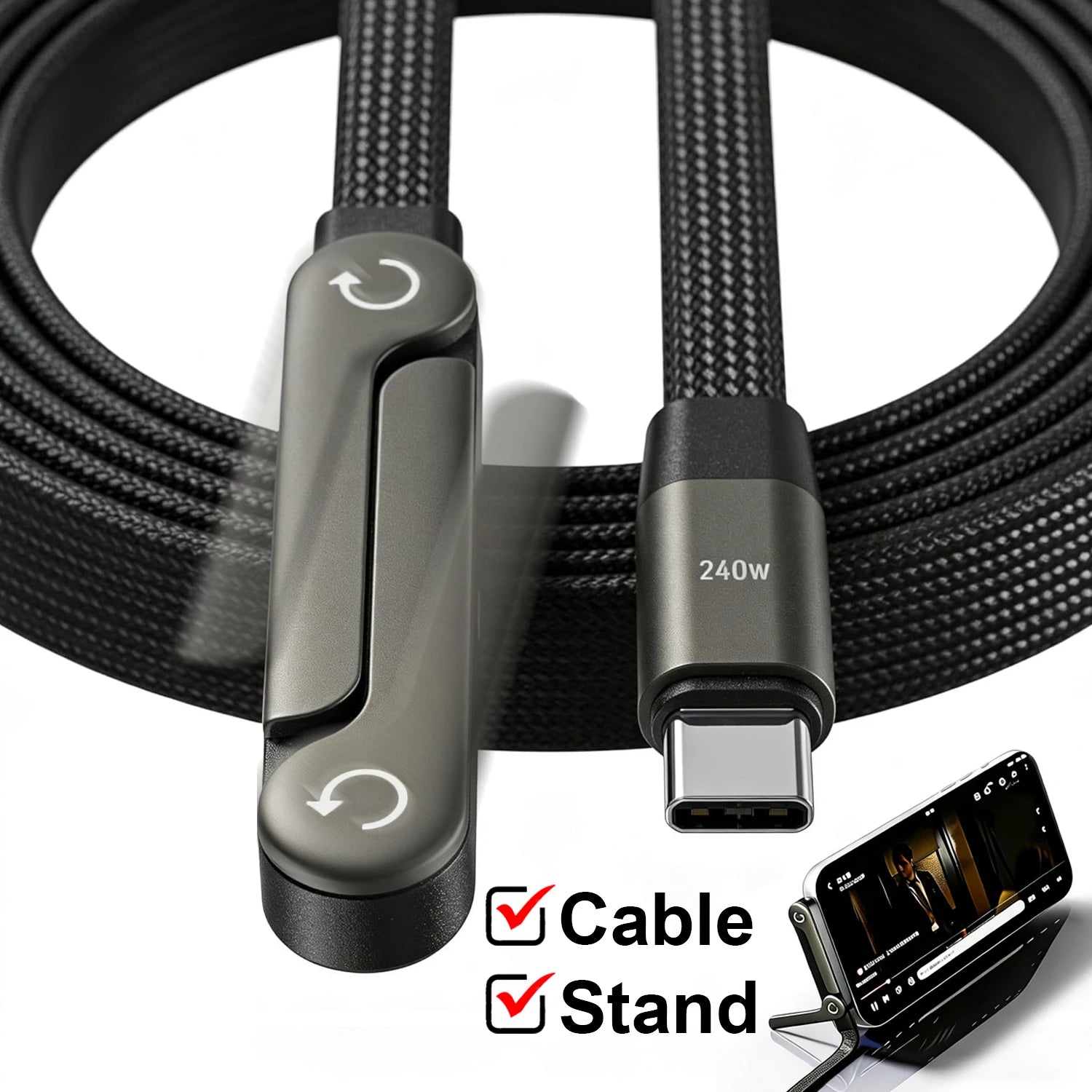 240W Type-C to Type C Cable Elbow Fast Charging Data Cable Foldable Stand Phone Holder for Iphone 17/16/15 for Samsung Charger
